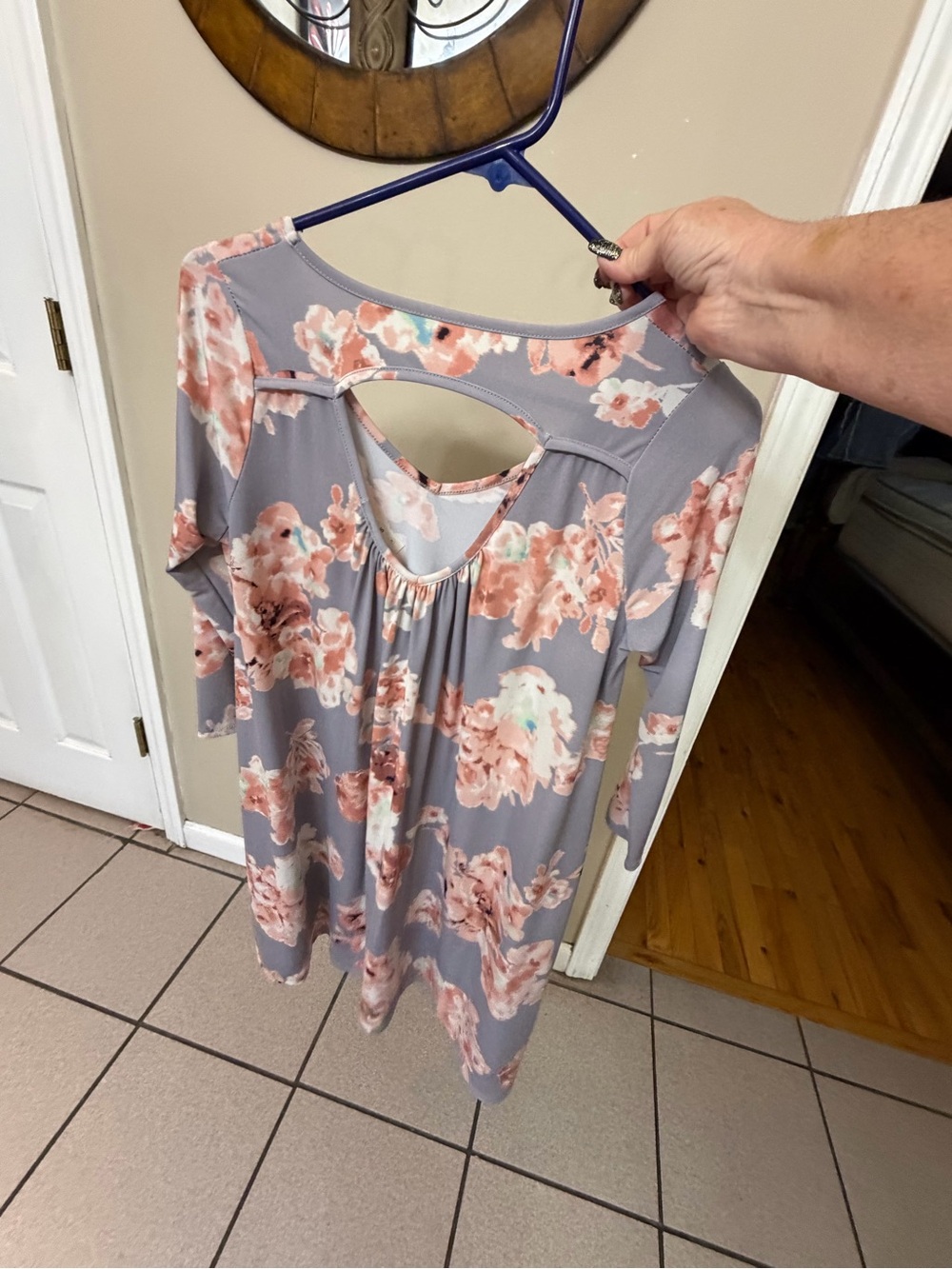 Floral Keyhole Back Women's Top - Gray & Blush $15